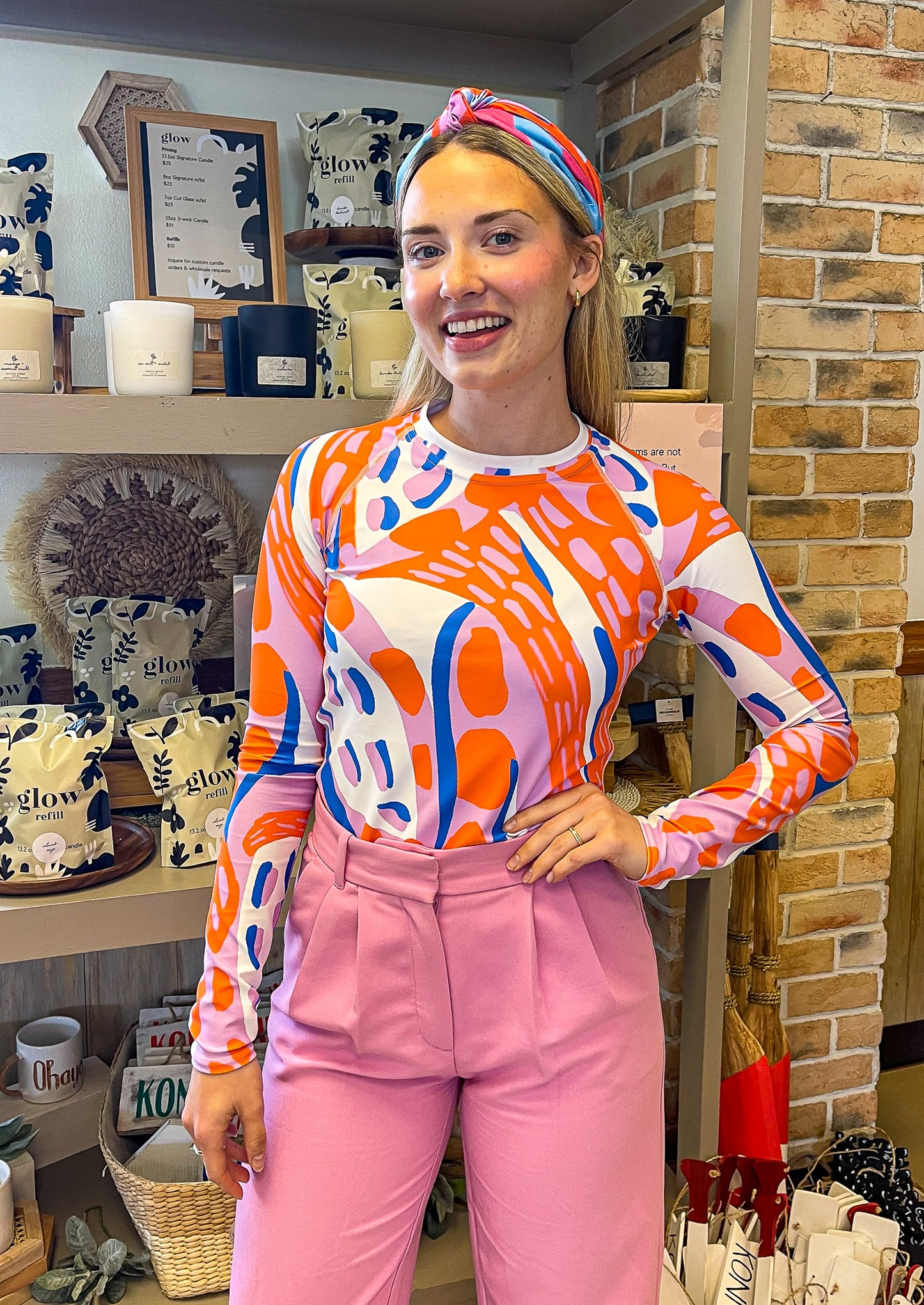 Women's Rash Guard Orange Pink Blue Abstract