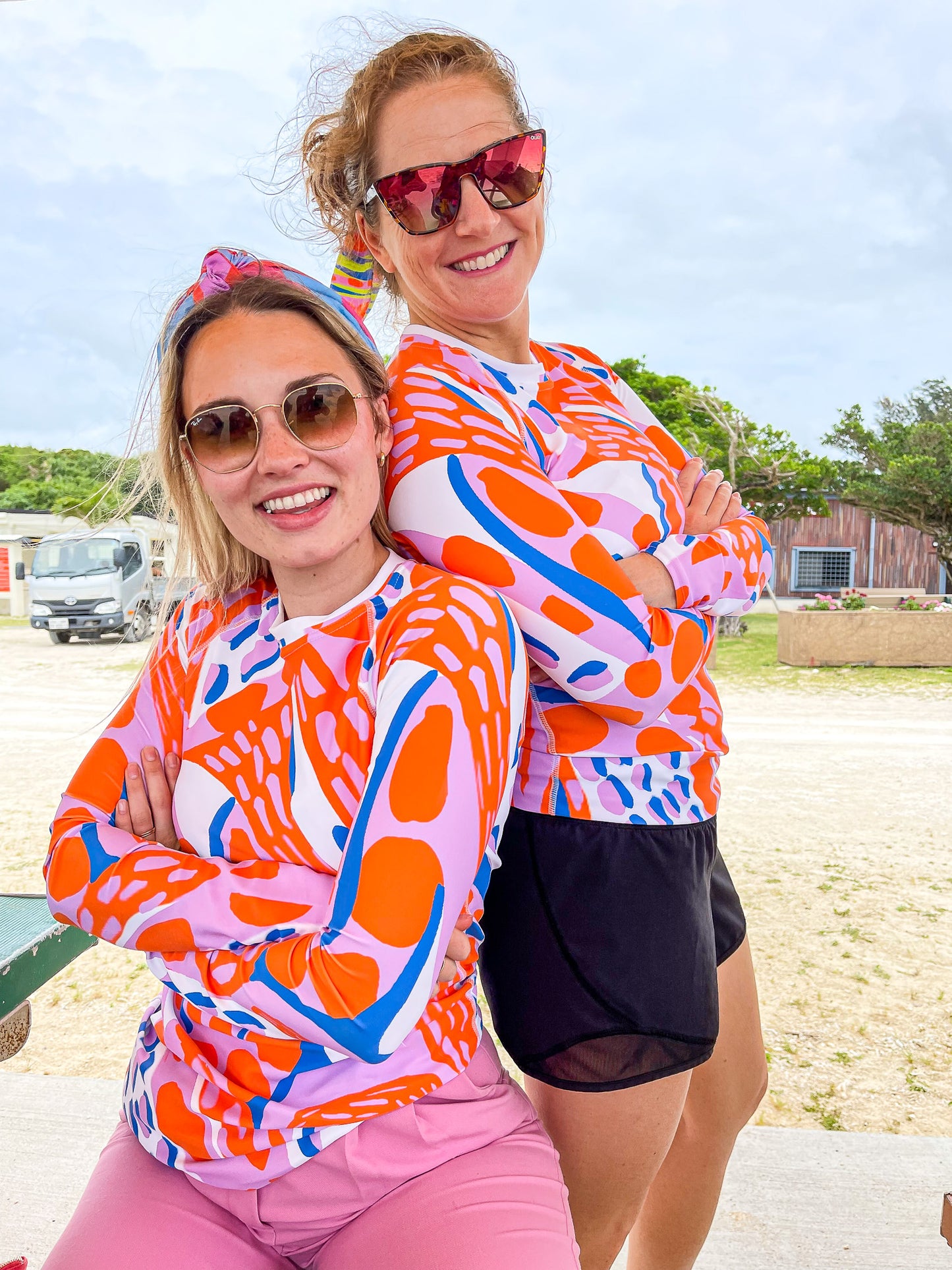 Women's Rash Guard Orange Pink Blue Abstract