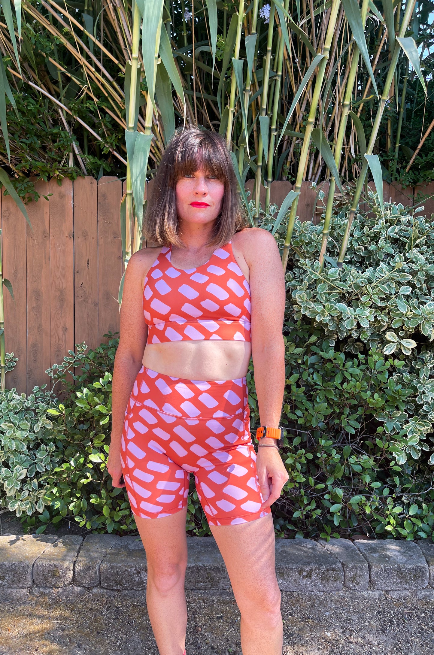 Sports Bra - Burnt Sienna and pink dash