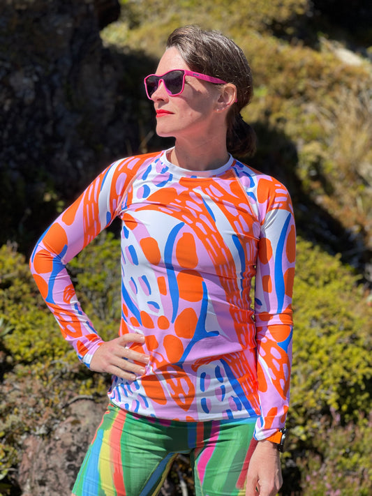 Women's Rash Guard Orange Pink Blue Abstract