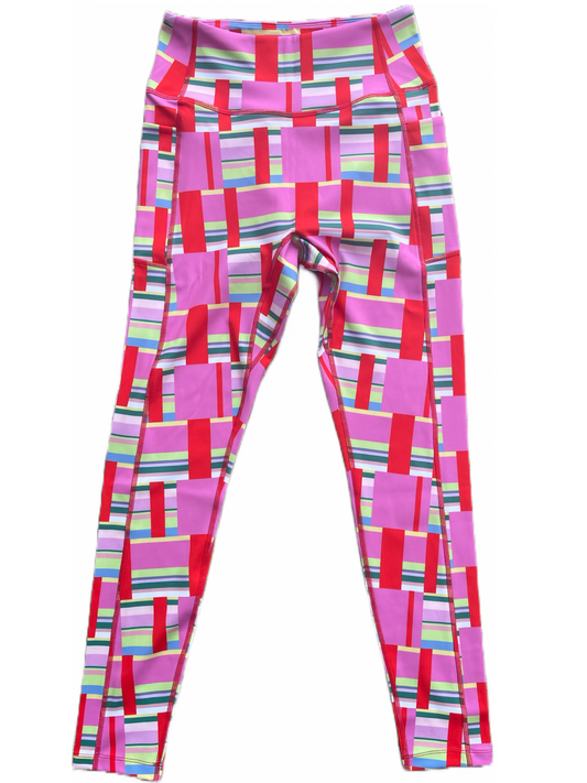 Pink and Red Striped Block print Leggings