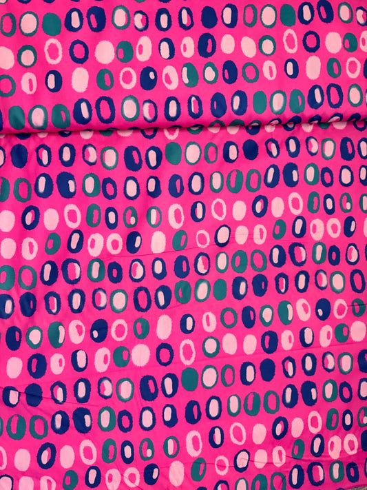 Cotton Sateen- Pink with green and blue dots