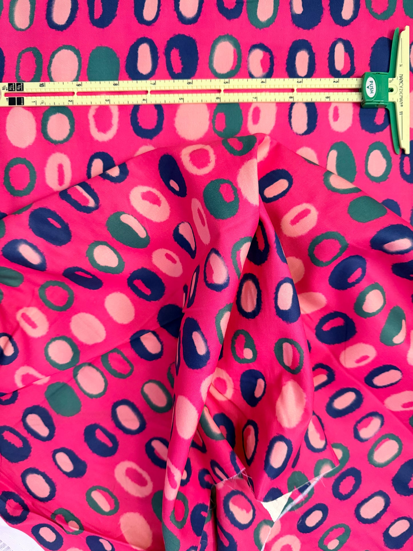 Cotton Sateen- Pink with green and blue dots