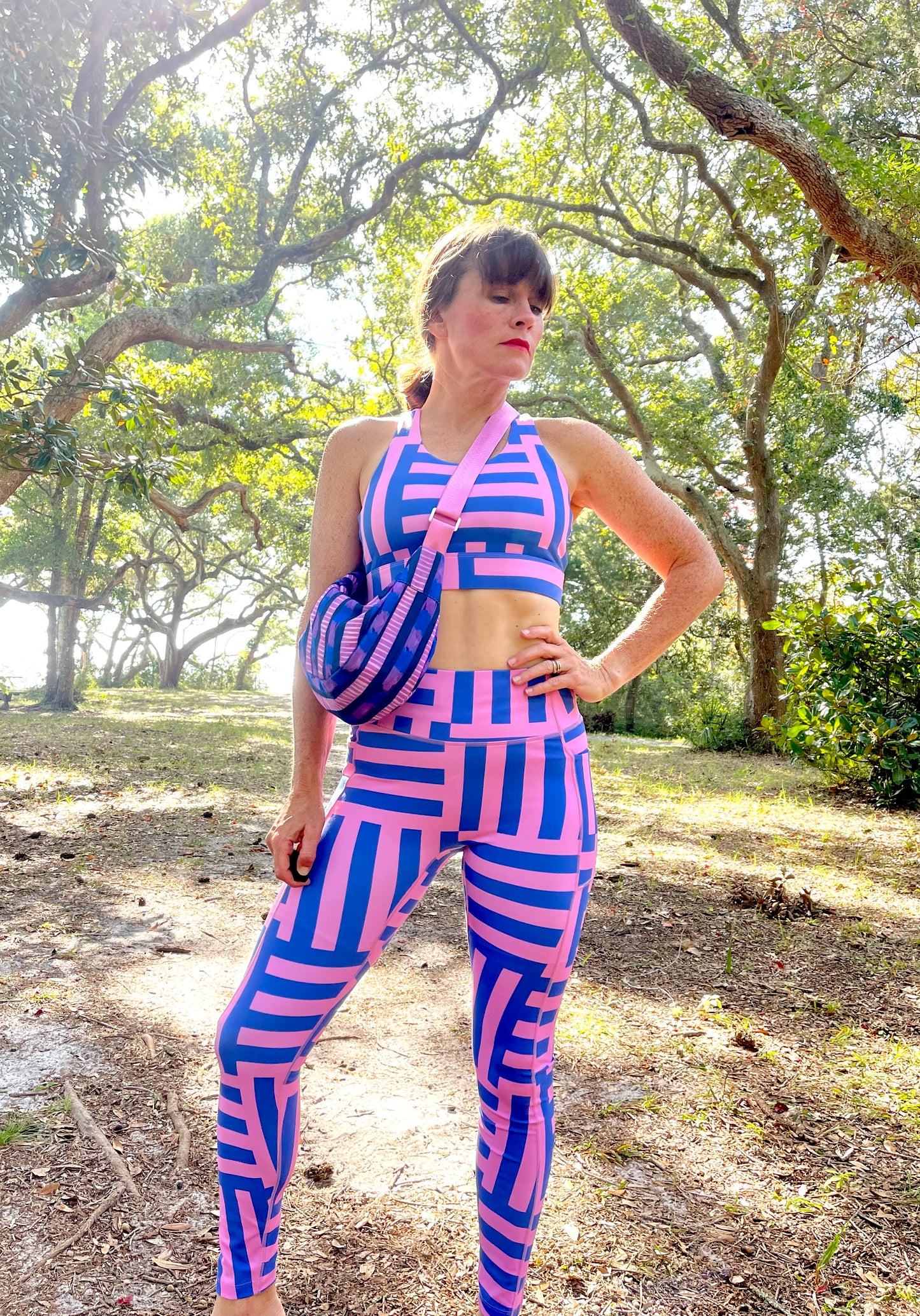 Sports Bra - Pink and Blue striped Block