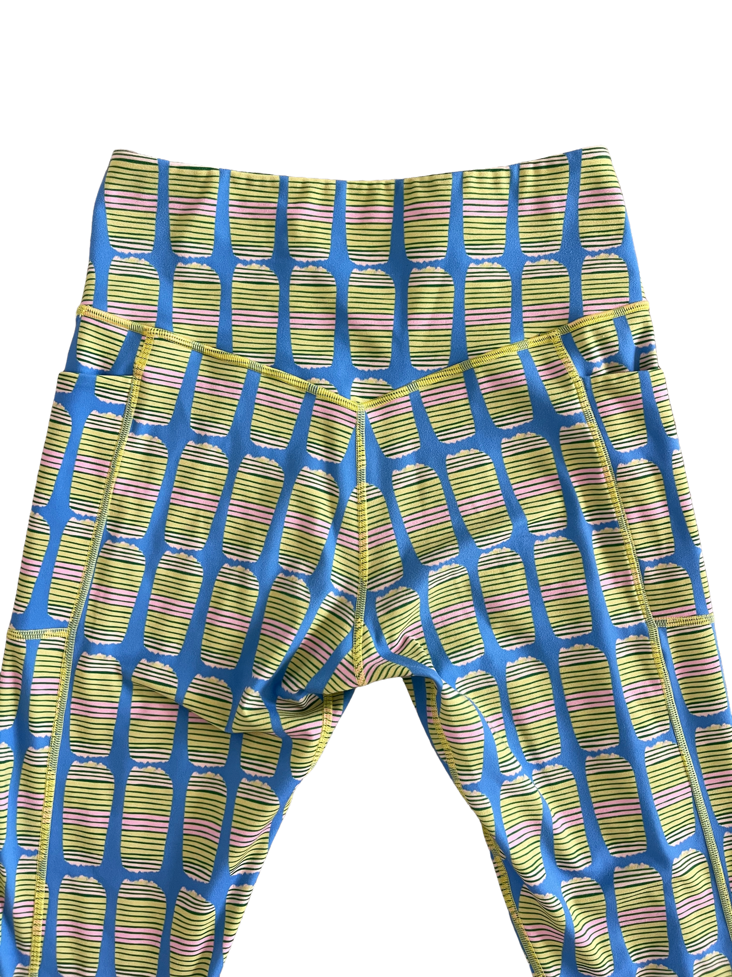Leggings -Chartreuse-striped dash on blue