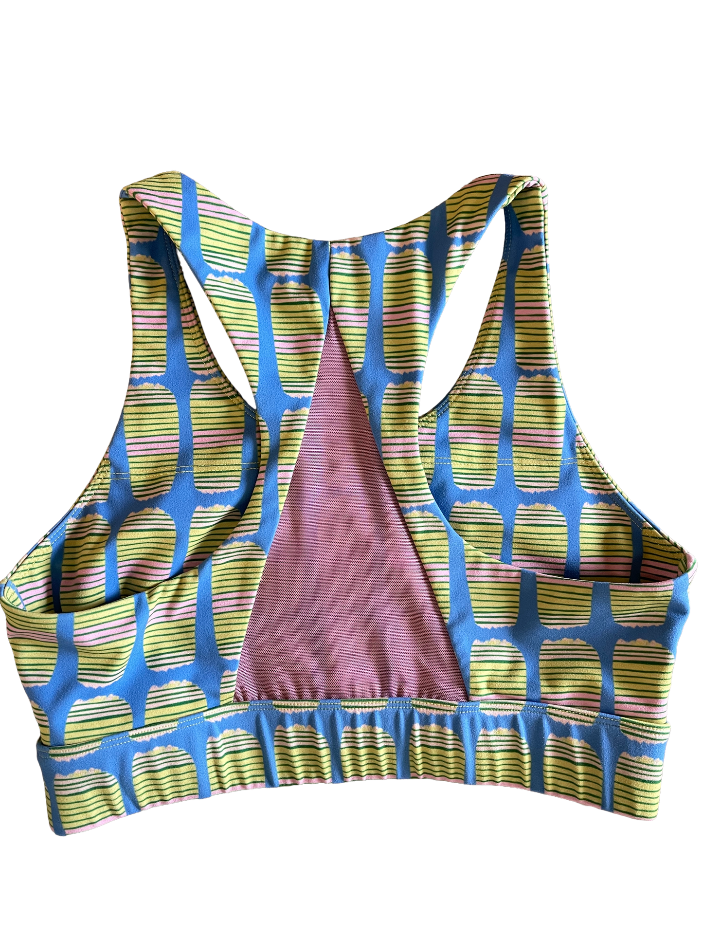 Sports Bra - Chartreuse-striped dash with Blue