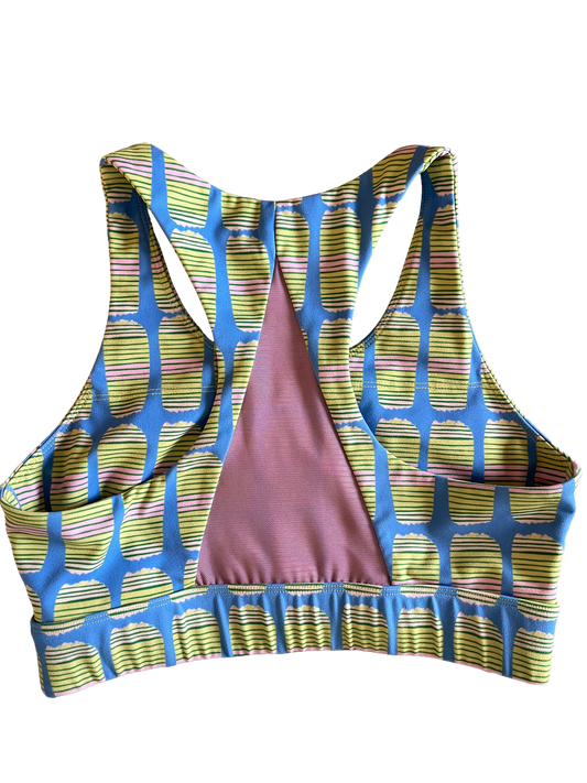 Sports Bra - Chartreuse-striped dash with Blue
