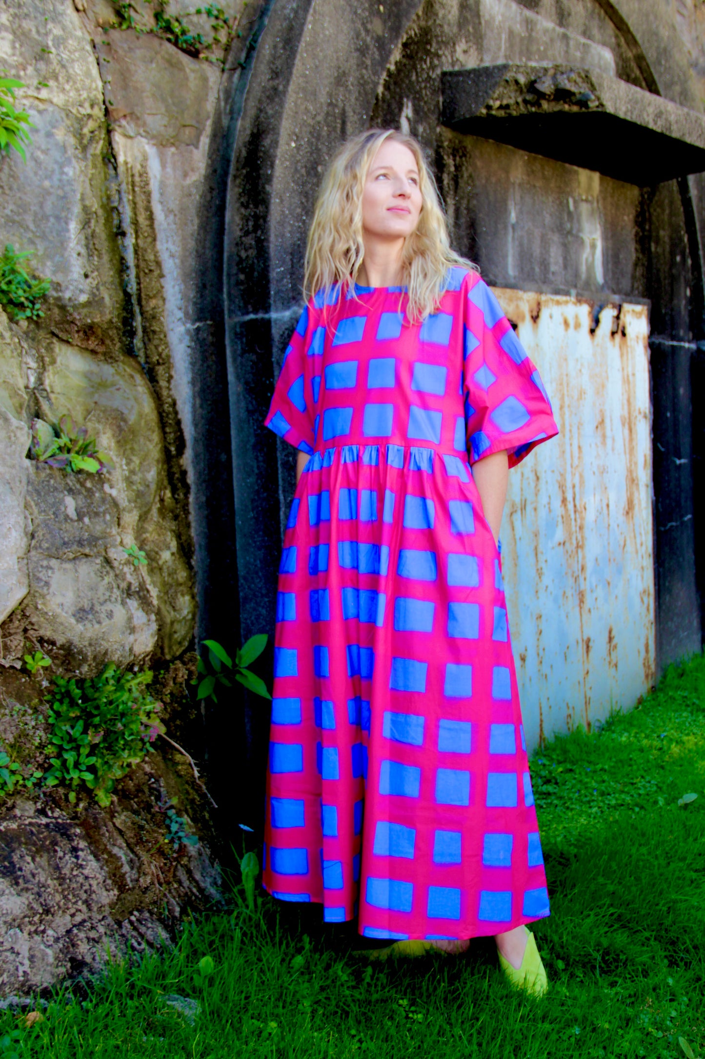 Blue and Red Painted Plaid Oversized Dress