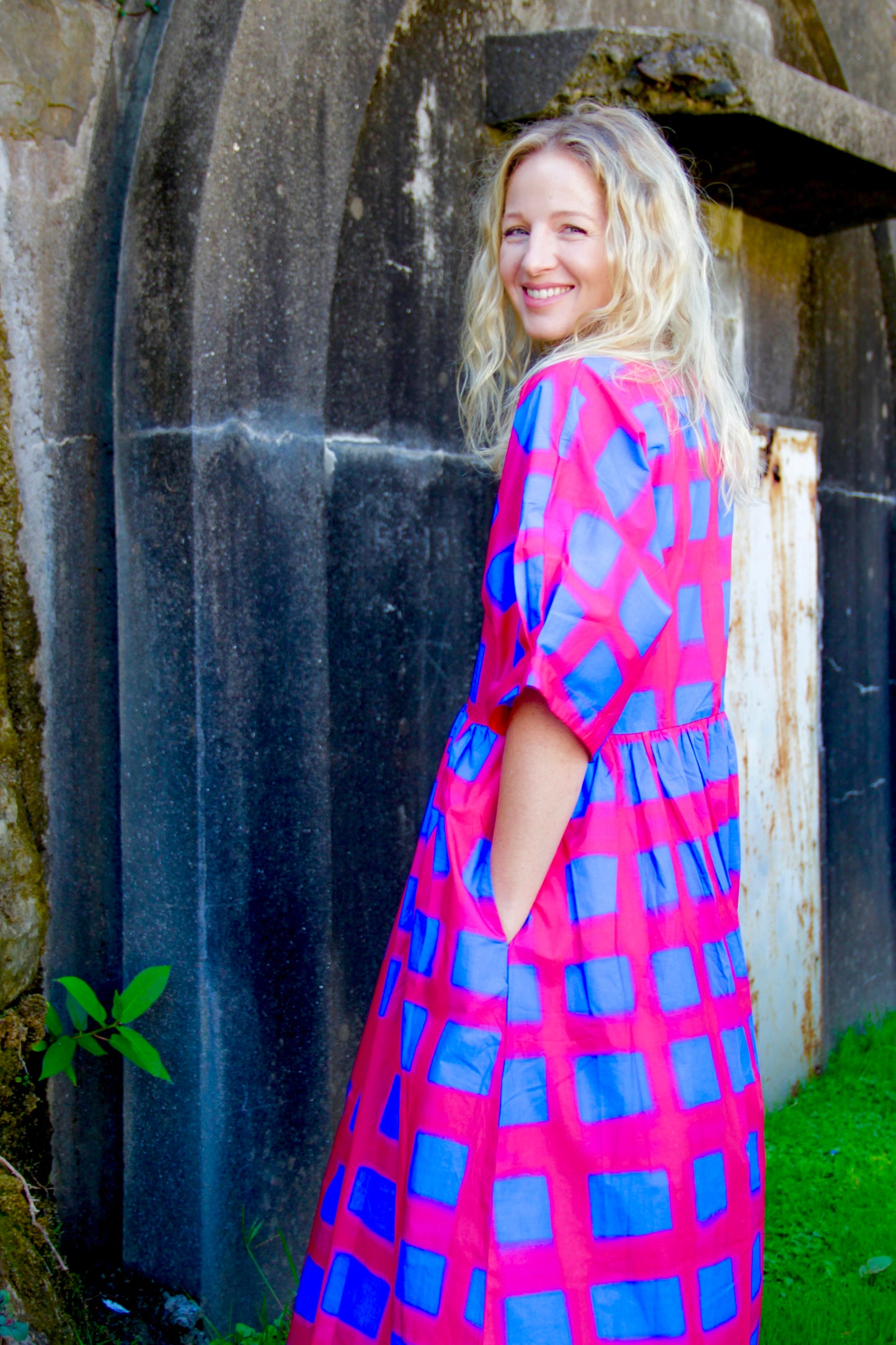 Blue and Red Painted Plaid Oversized Dress