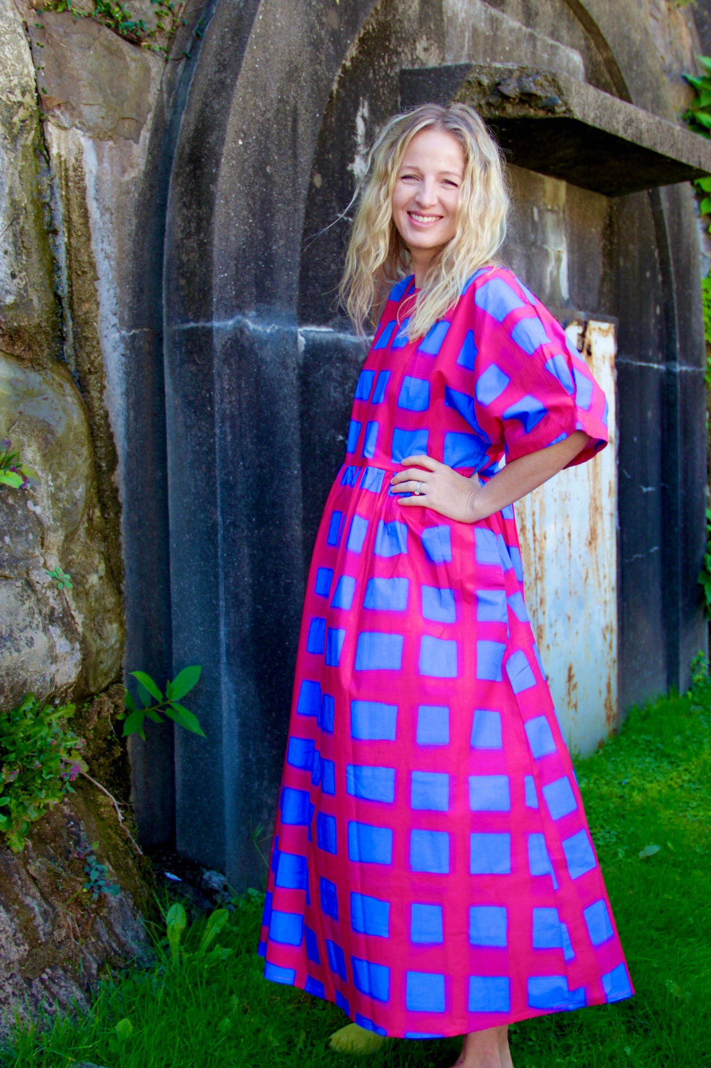 Blue and Red Painted Plaid Oversized Dress