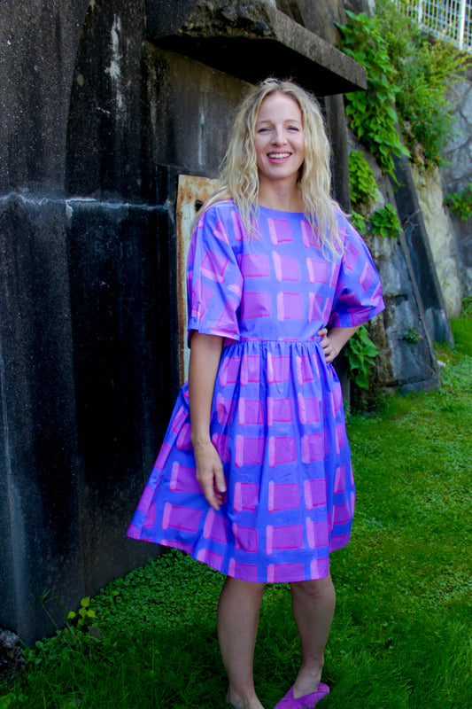 Blue and Violet Painted Plaid Oversized Dress