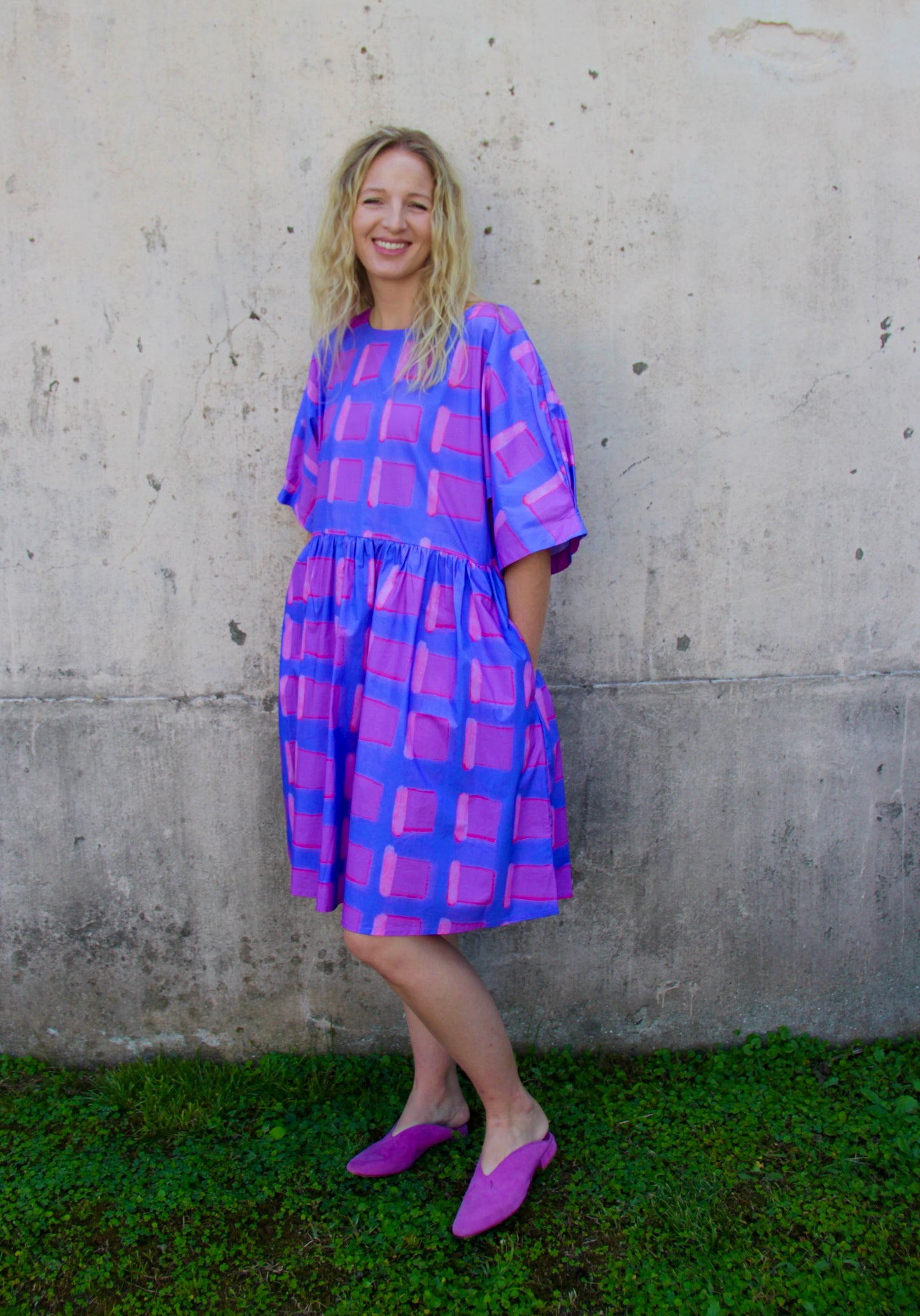 Blue and Violet Painted Plaid Oversized Dress