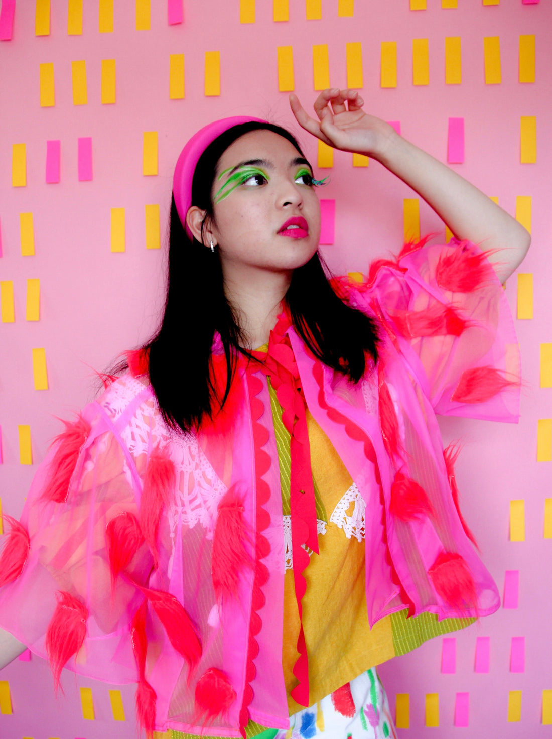 Hot Pink Sheer Jacket with Red Fur Katie Kortman